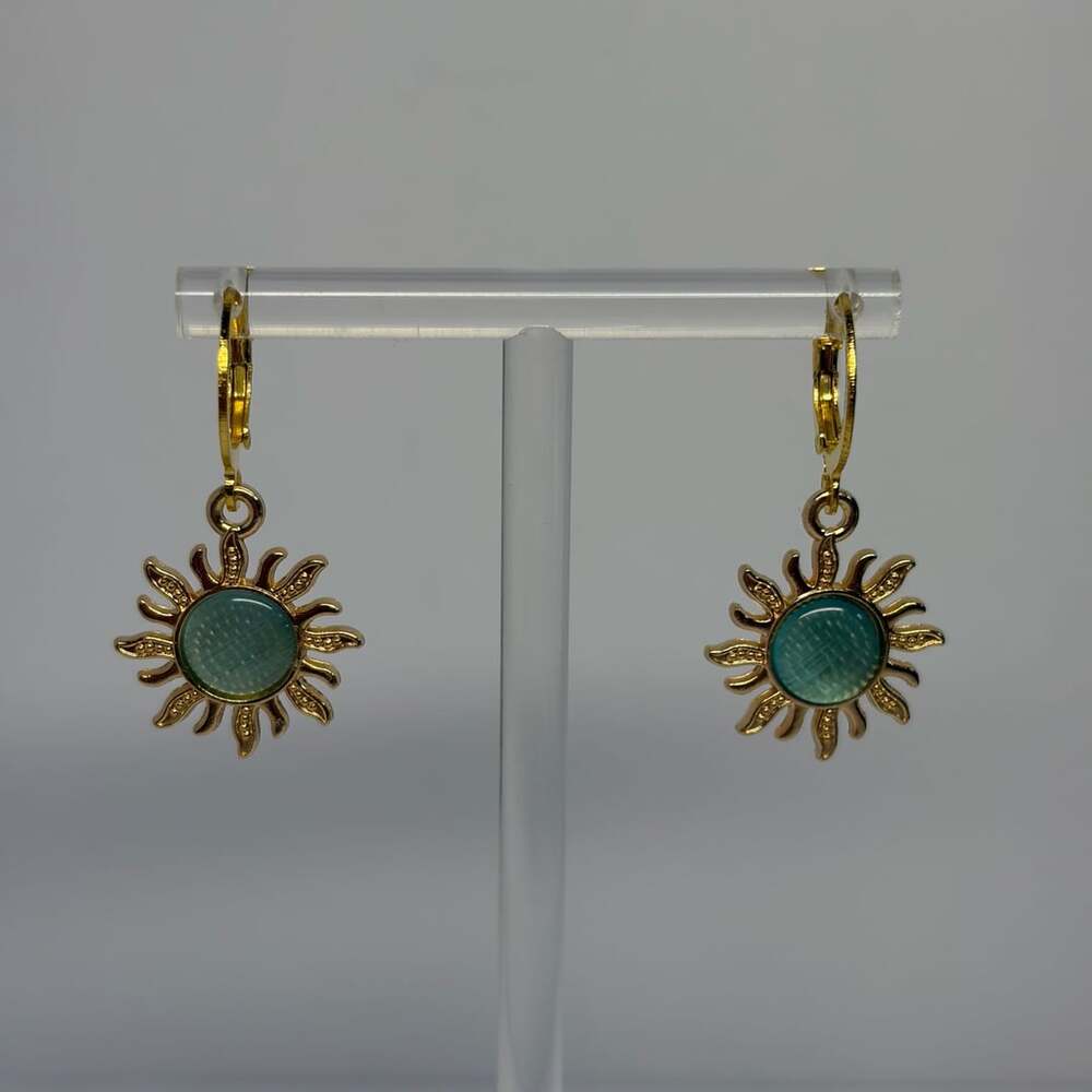 Stainless Steel Gold-Tone Sunburst Hoop Earrings With Green Accents